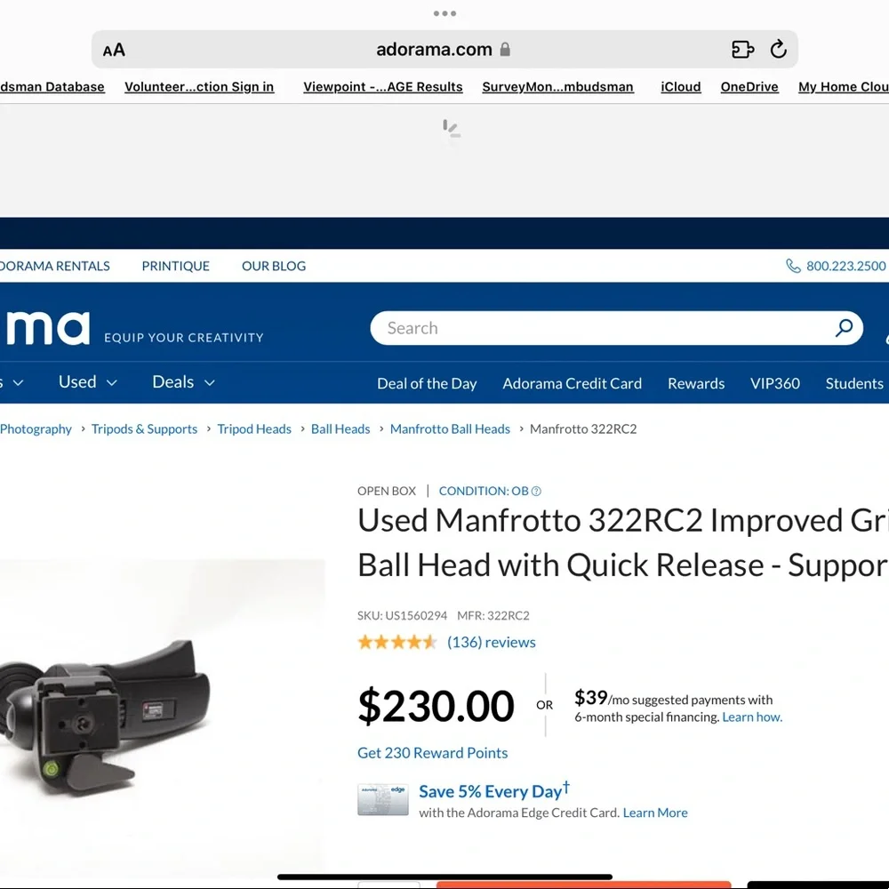 Used Manfrotto 322RC2 Improved Grip Action Ball Head
